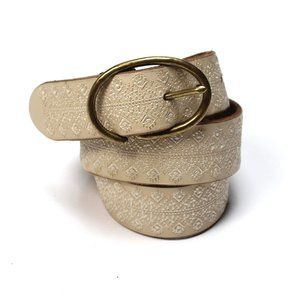 Lucky Brand Leather Belt Cream All Over Embroidery Motif Brushed Gold Buckle
